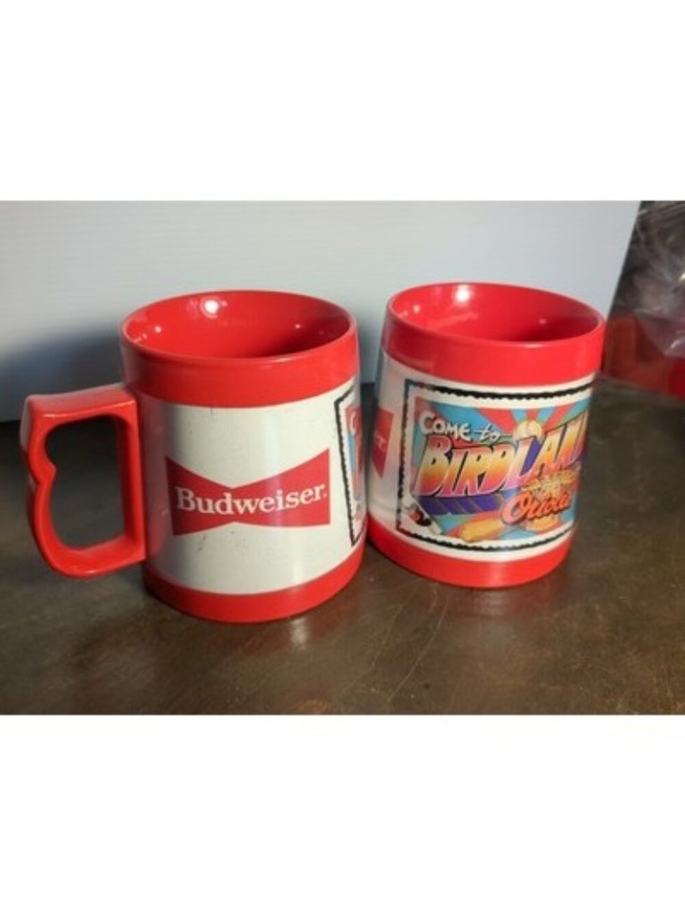2 Vtg. Baltimore Orioles "Come to Birdland" Budweiser Short Mug Thermo Serv USA